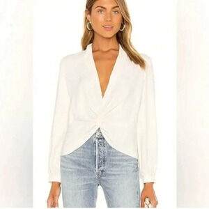 Amanda Uprichard Keely Twist Front Long Sleeve Crepe Blouse Ivory White Revolve